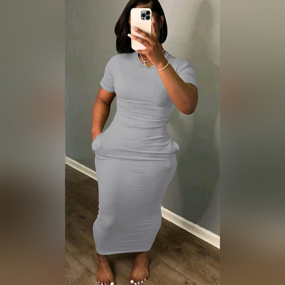 Gray Bodycon Maxi Dress with Pockets